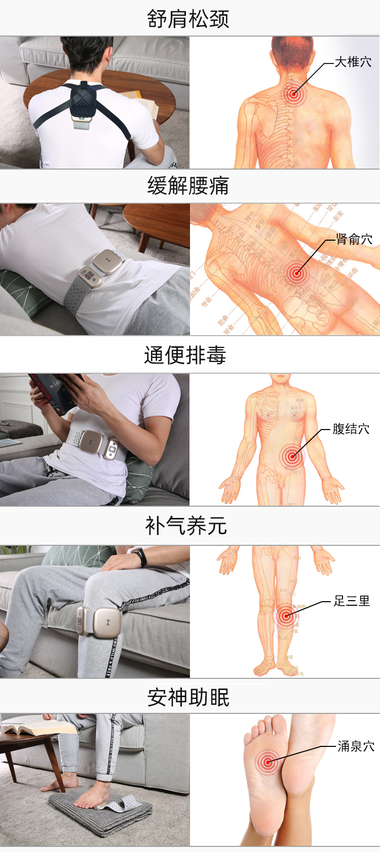 舒肩松頸、緩解腰痛、通便排毒、補氣養(yǎng)元、安神助眠